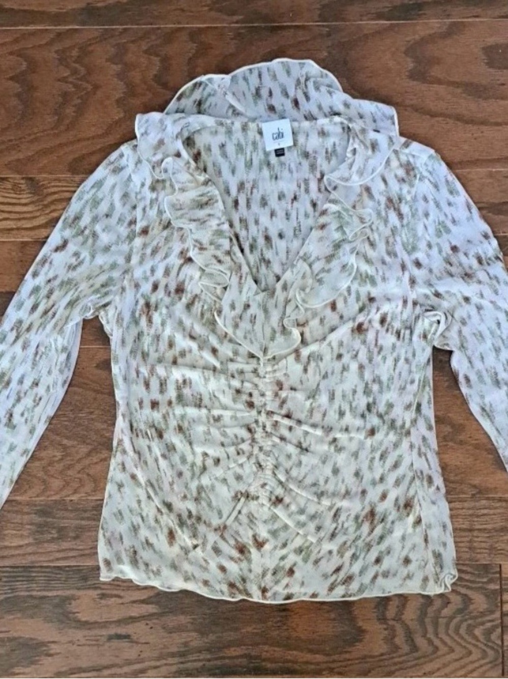 CAbi Cream Ruffle V-Neck Blouse with Brown & Sage Speckle